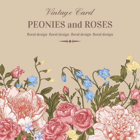 Floral border with summer flowers on a beige background. Peonies, roses, bells. Vintage vector illustration.のイラスト素材
