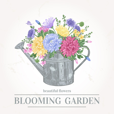 Vector vintage card with a bouquet of flowers and a copper watering can in pastel colors.のイラスト素材
