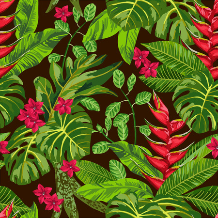 Seamless exotic pattern with tropical leaves. Blooming jungle. Vector illustration.のイラスト素材