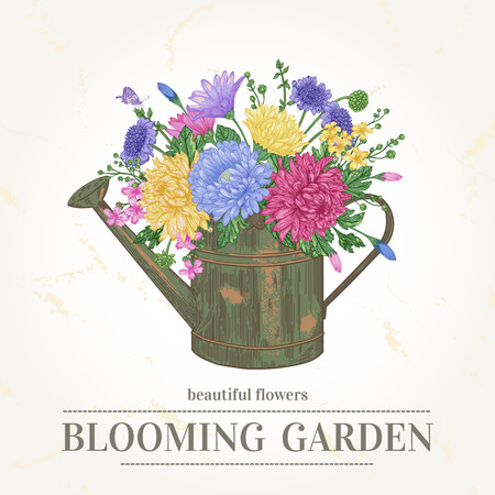 Vector vintage card with a bouquet of flowers and a copper watering can in pastel colors.のイラスト素材