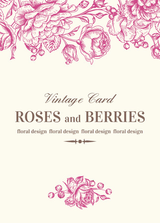 Vintage wedding card with pink roses on a white background. Vector illustration.のイラスト素材