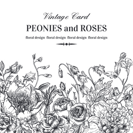 Floral border with summer flowers on a white background. Peonies, roses, bells. Black and white illustration.のイラスト素材