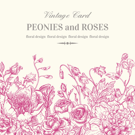 Floral border with summer flowers on a white background. Peonies, roses, bells. Monochrome. Vintage vector illustration.のイラスト素材