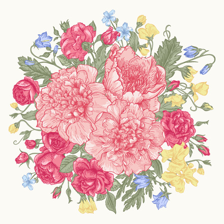 Vintage background with a round bouquet of summer flowers in pastel colors on a white background. Roses, peonies, bells. Vector illustration.のイラスト素材