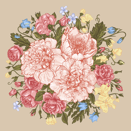 Vintage background with a round bouquet of summer flowers in pastel colors. Roses, peonies, bells. Vector illustration.のイラスト素材