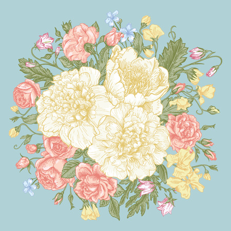 Hand-drawing vintage card with a bouquet of flowers on a blue background. Peonies, roses, sweet peas, bell. Vector illustration.のイラスト素材