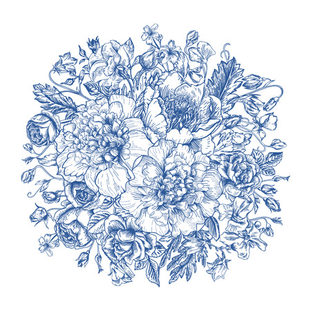 Vintage elegant vector background with a bouquet of flowers in blue. Peonies, roses, sweet peas, bell. Vector illustration.のイラスト素材