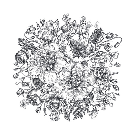Vintage elegant vector background with a bouquet of flowers. Peonies, roses, sweet peas, bell. Black and white vector illustration. Monochrome.のイラスト素材