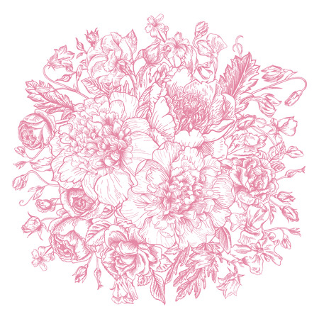Vintage elegant vector background with a bouquet of flowers. Peonies, roses, sweet peas, bell. Vector illustration.のイラスト素材