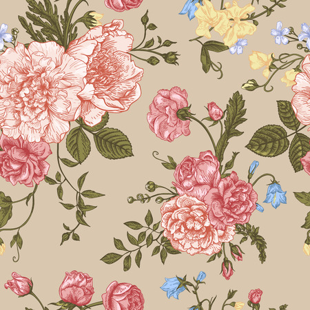 Seamless floral pattern with bouquet of colorful flowers on a beige background. Peonies, roses, sweet peas, bell. Vector illustration.のイラスト素材