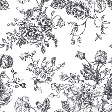 Seamless vector vintage pattern with bouquet of black flowers on a white background. Peonies, roses, sweet peas, bell. Monochrome.のイラスト素材