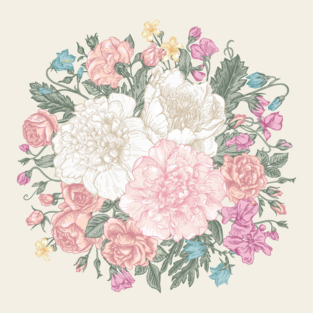 Vintage elegant vector background with a bouquet of flowers. Peonies, roses, sweet peas, bell. Vector illustration.のイラスト素材