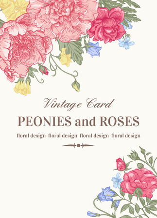 Wedding card with roses and peonies in pastel colors on a white background.のイラスト素材