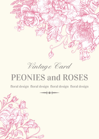 Wedding invitation with roses and peonies in pink on a white background.のイラスト素材