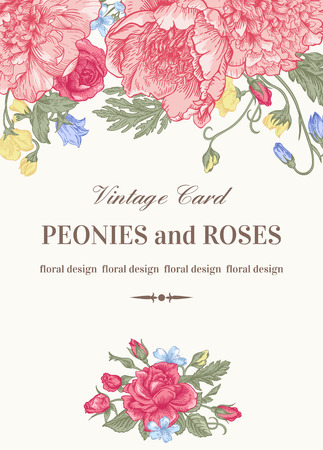 Vintage floral card with garden flowers. Peonies, roses, sweet peas, bell. Romantic background. Vector illustration.のイラスト素材