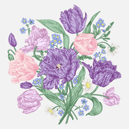 Bouquet of spring flowers on a white background in vintage style. Parrot tulips, me-nots, daisies. Pastel colors. Vector illustration.のイラスト素材