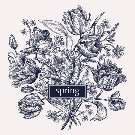 Bouquet of spring flowers on a white background in vintage style. Parrot tulips, me-nots, daisies. Black and white. Vector illustration.のイラスト素材