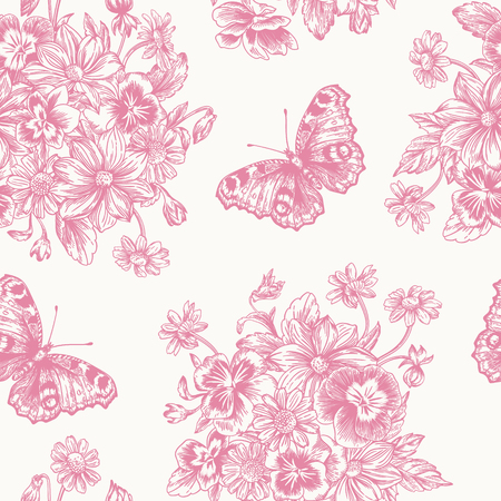 Vintage vector seamless pattern with a bouquet of flowers and butterflies in pink. Violet, daisy, dahlia.のイラスト素材