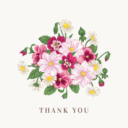 Summer background with a bouquet of flowers in pastel colors on a white background. Vintage style. Botanical illustration. Violets, daisies, chrysanthemums.のイラスト素材