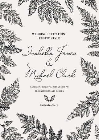 Vintage wedding invitation in a rustic style. Leatherleaf fern. Botanical vector illustration. Black and white.のイラスト素材