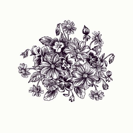 Summer background with a bouquet of flowers on a white background. Vintage style. Botanical illustration. Violets, daisies, chrysanthemums. Black and white.のイラスト素材
