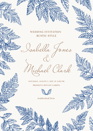Vintage wedding invitation in a rustic style. Leatherleaf fern. Botanical vector illustration. Blue.のイラスト素材