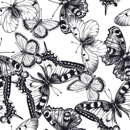 Vector seamless pattern with butterflies. Black and white illustration.のイラスト素材