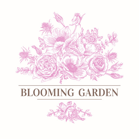 Vintage card with a bouquet of flowers on a white background. Anemone, rose, eustoma, eryngium. Vector illustration of pink.のイラスト素材