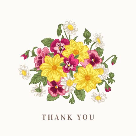 Summer background with a bouquet of flowers on a white background. Vintage style. Botanical illustration. Violets, daisies, chrysanthemums.のイラスト素材