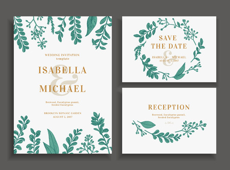 Vintage wedding set with greenery. Wedding invitation, save the date, reception card.