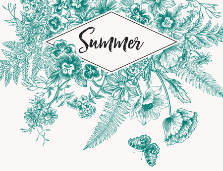 Vintage frame with garden flowers, leaves and butterflies. Botany. Fern, poppy, chamomile, viola, anemones, phlox. Blue bouquet of flowers on a white background.のイラスト素材