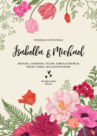 Vintage wedding invitation. Summer garden flowers. Peonies, anemones, tulips, phlox, chrysanthemum, ferns, eucalyptus seeds. Botanical illustration.のイラスト素材