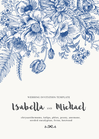 Elegant wedding Invitations with summer flowers in vintage style. Chrysanthemums, tulips, phlox, peony, anemone, ferns. Blue flowers on a white background.のイラスト素材