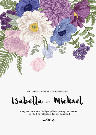 Elegant wedding Invitations with summer flowers in vintage style. Chrysanthemums, tulips, phlox, peony, anemone, ferns. Blue flowers on a white background.のイラスト素材