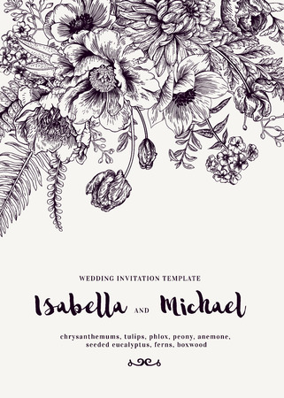 Elegant wedding invitations with summer flowers in vintage style. Chrysanthemums, tulips, phlox, peony, anemone, ferns.のイラスト素材