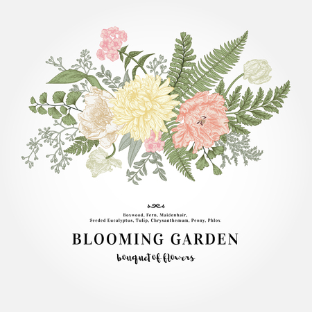 Bouquet with a vintage garden with flowers and leaves.のイラスト素材