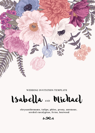 Elegant wedding invitation with summer flowers in vintage style. Chrysanthemums, tulips, phlox, peony, anemone, ferns. Pastel colors.のイラスト素材