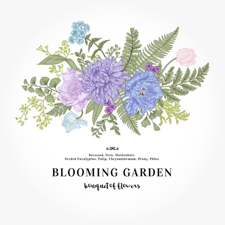 Bouquet with a garden flowers and leaves in vintage style.のイラスト素材