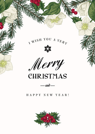 Vintage Christmas greeting card with branches of spruce, holly and flowers hellebore. Vector illustration.のイラスト素材