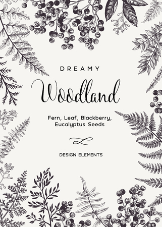 Vintage card with fern leaves and black berries. Wedding invitation. Engraving style. Botanical illustration.  Design elements. Vector. Black and white.のイラスト素材