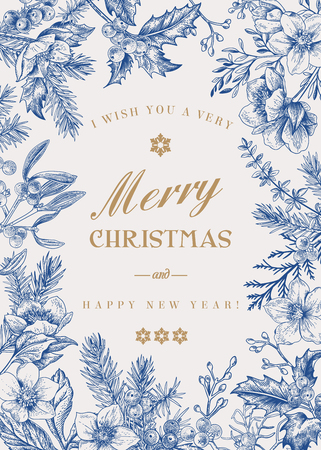 Christmas holiday frame.  Winter background. Vector floral illustration. Blue.のイラスト素材