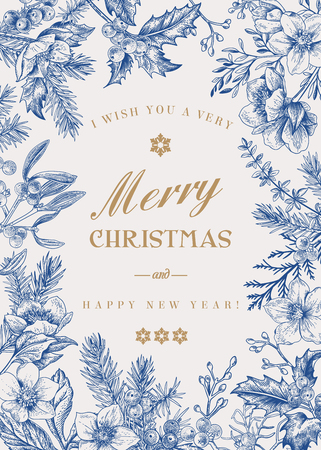 Christmas holiday frame.  Winter background. Vector floral illustration. Blue.