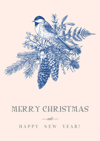 Christmas card with a bird, winter plants and berries. Coniferous, fir cones, tit, mistletoe, fern. Vintage style. Botanical illustration. Blue.のイラスト素材