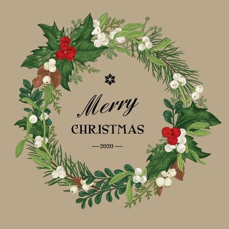 Christmas decorative wreath with winter red and white berries. Vector botanical illustration. Round frame with winter plants on a craft background.のイラスト素材