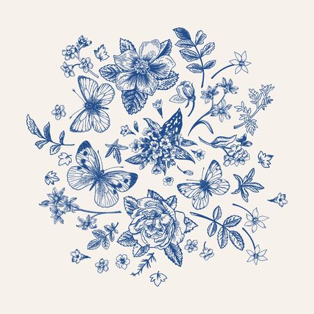 Composition with spring flowers and butterflies in blue.のイラスト素材