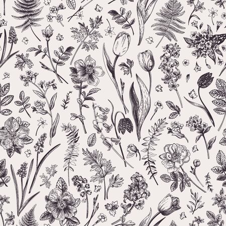Vector seamless pattern with garden spring and summer flowers. Botanical illustration. Black and white.のイラスト素材