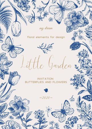 Little garden. Floral card with flowers and butterflies. Vector botanical illustration. Blue.のイラスト素材