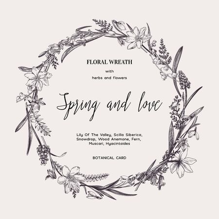 Floral wreath. Wedding invitation. Spring flowers. Botanical illustration. Anemone, Muscari, Snowdrop, Lily of the Valley, Blue Bellflower. Black and white. Vector. のイラスト素材