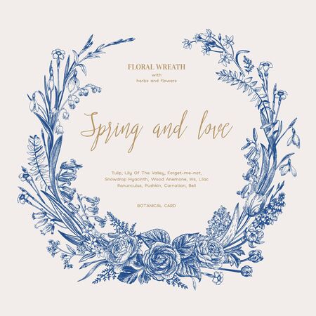 Flower wreath. Spring and summer. Botanical illustration. Vintage style. Wedding invitation. Blueのイラスト素材