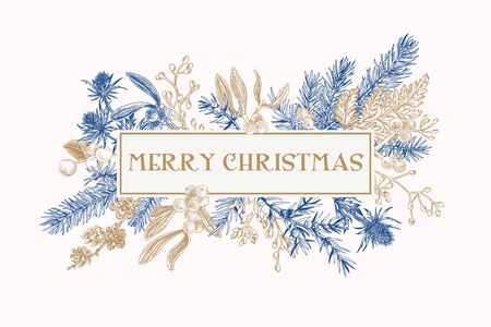 Christmas frame with winter plants. Botanical illustration. Composition with spruce, eucalyptus seeds, fern, juniper, mistletoe, larch cones, bluehead. Vector holiday card. Blue and gold.のイラスト素材